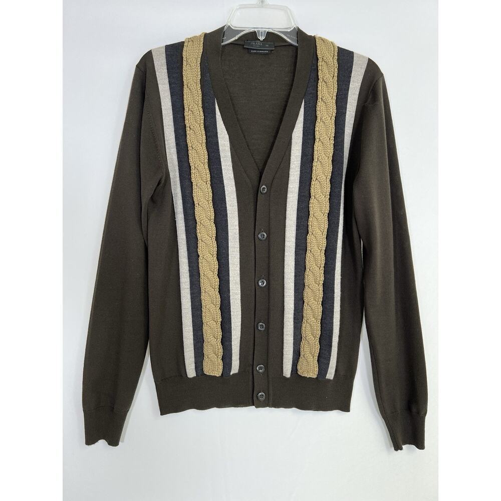 Prada Men’s Cable Knit Cardigan Sweater Size 50‎ US M Brown Wool Cashmere - Picture 4 of 16